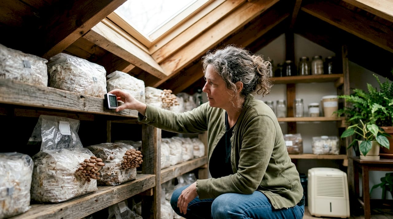 Home grower managing mushroom fruiting chamber