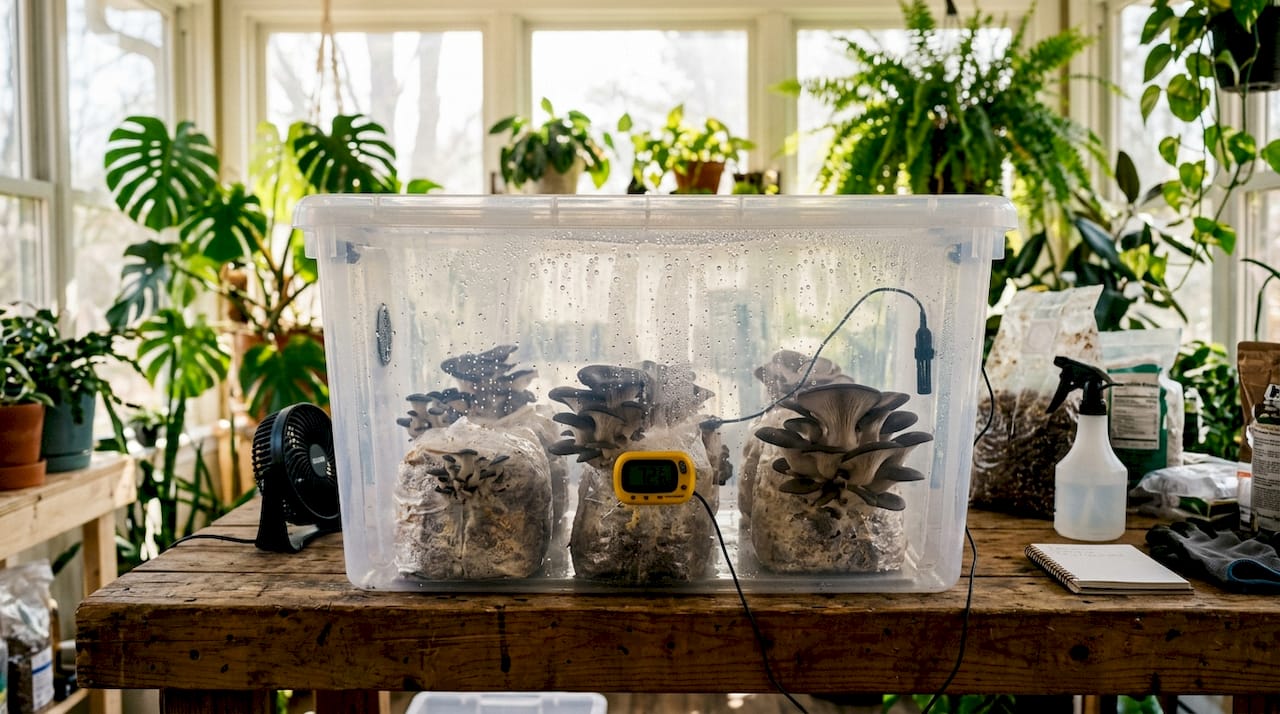 Close-up of mushroom blocks with humidity probes