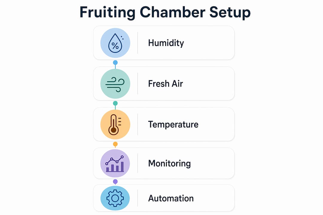 Infographic illustrating mushroom fruiting chamber setup steps
