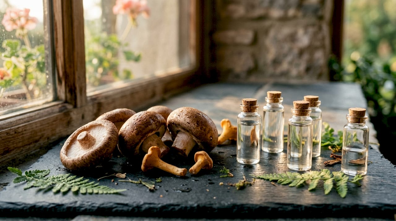 Close-up of mushrooms with chemical compound vials