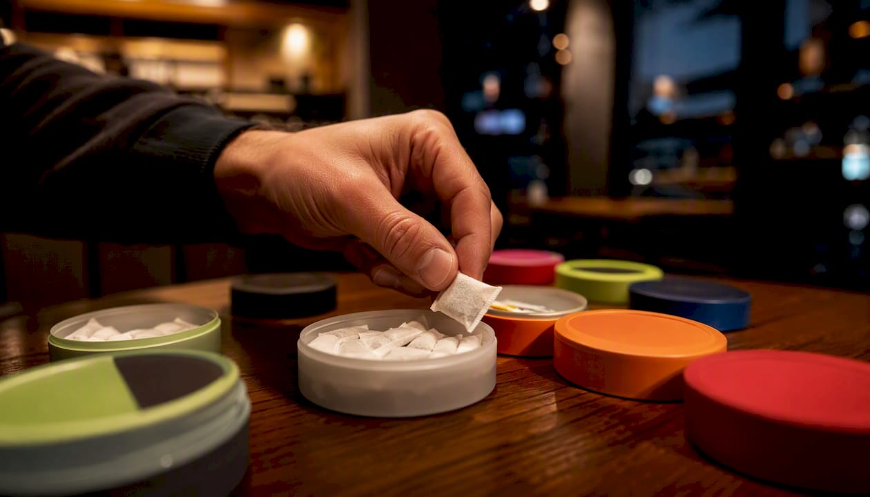 Hand selecting nicotine pouch from assortment