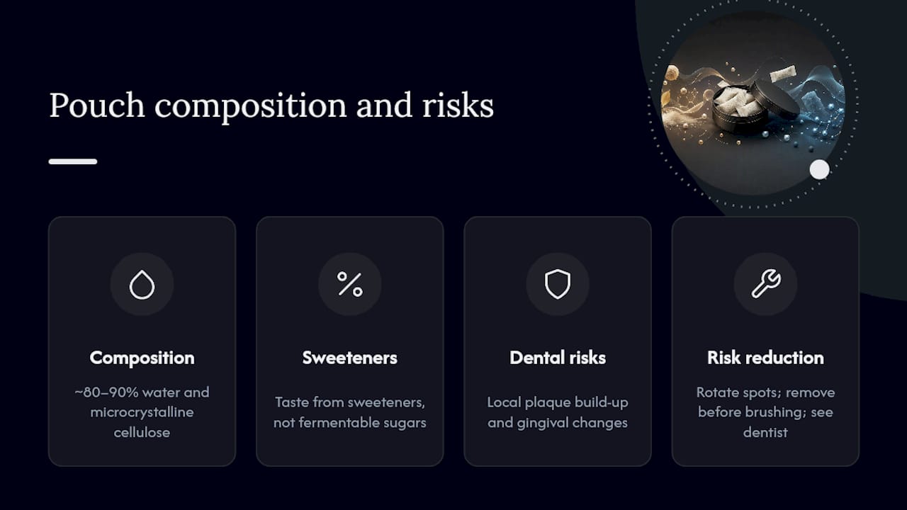 Diagram of nicotine pouch composition and dental risks