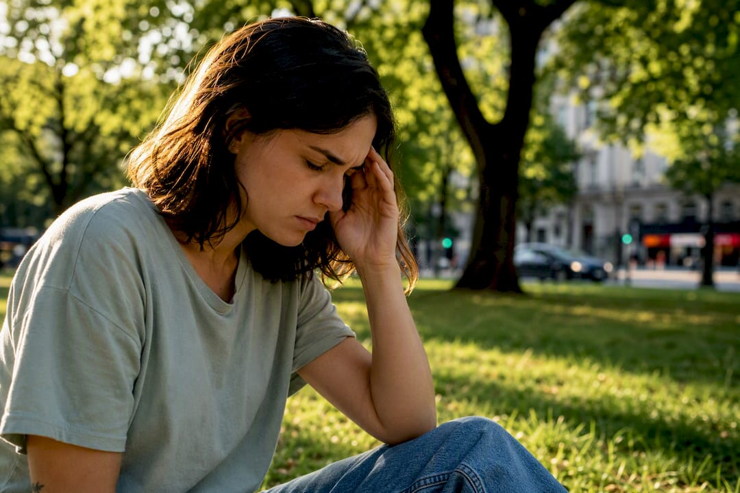 Young adult showing nausea symptom outdoors