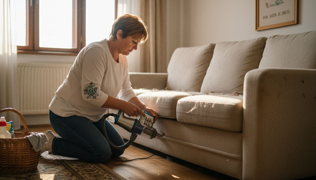 Ženska čisti kavč v svetli dnevni sobi, kjer skozi okna sije sonce.
