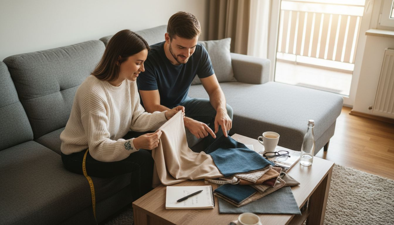 Par si ogleduje vzorce tkanin za prevleko kavča in primerja, katera bi se najbolje podala v njihov dom.