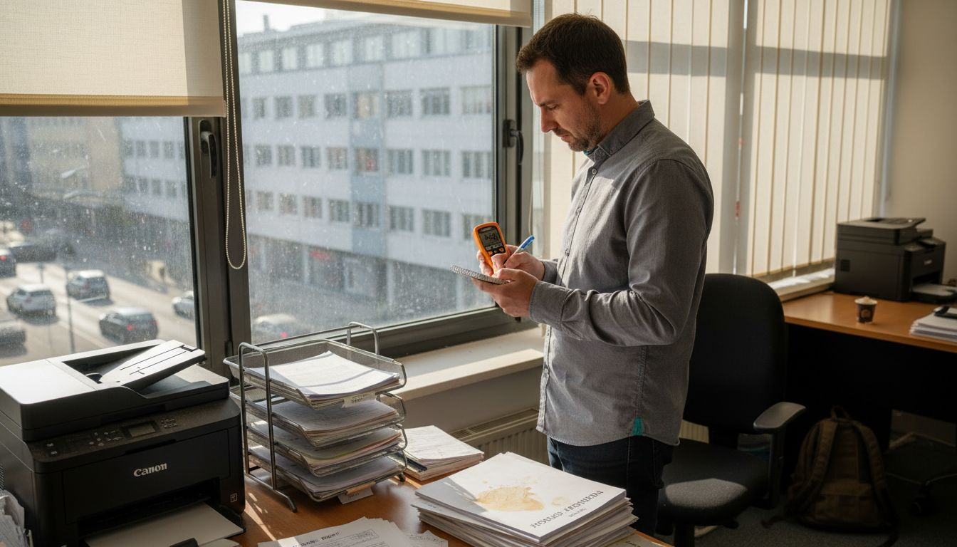 Moški z luksmetrom preverja, kako močna je osvetlitev v prostoru.