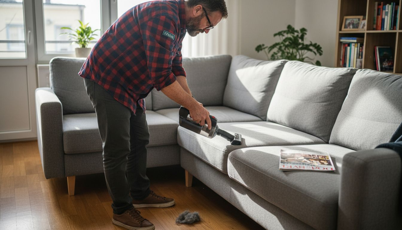 Moški s sesalcem temeljito očisti gube in kote na kavču.