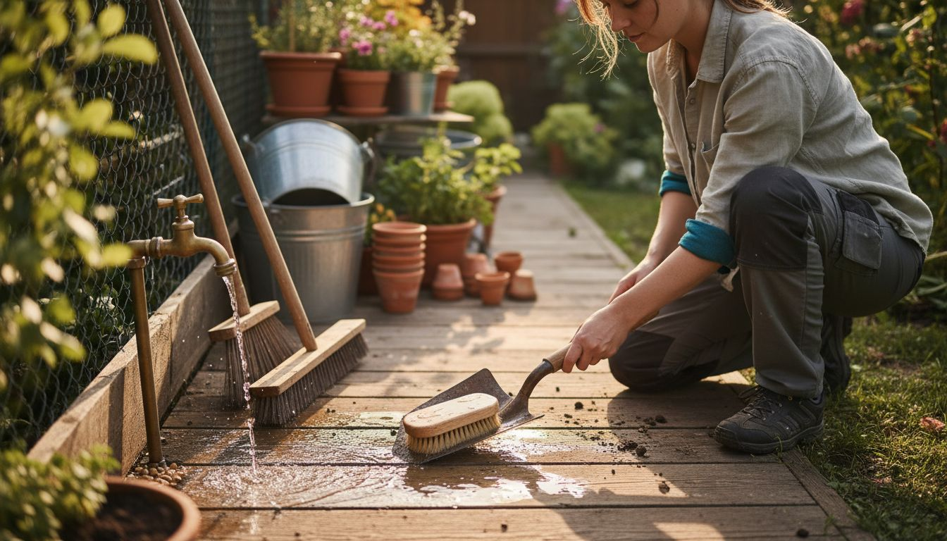 Ženska s krtačo in vodo temeljito očisti lopato.
