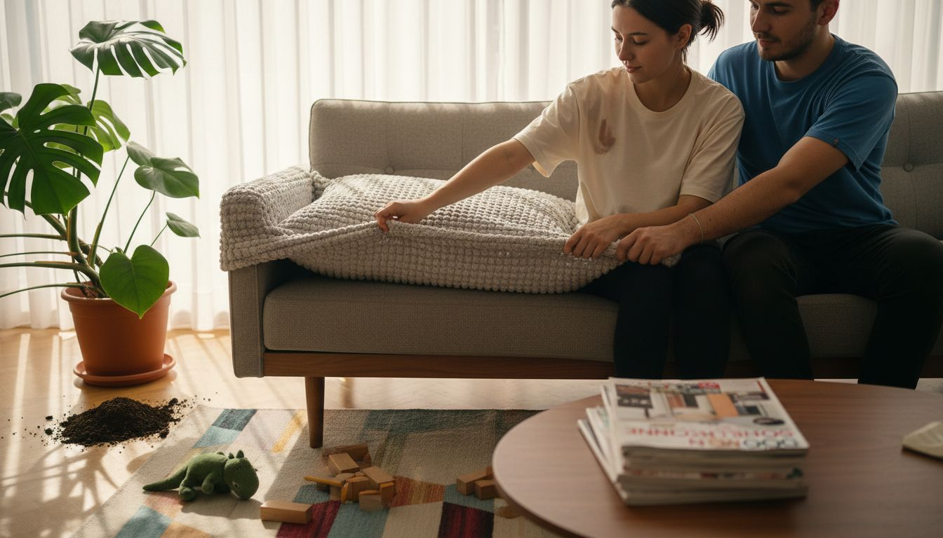 Par skupaj namešča prevleko na kavč v svetli dnevni sobi.