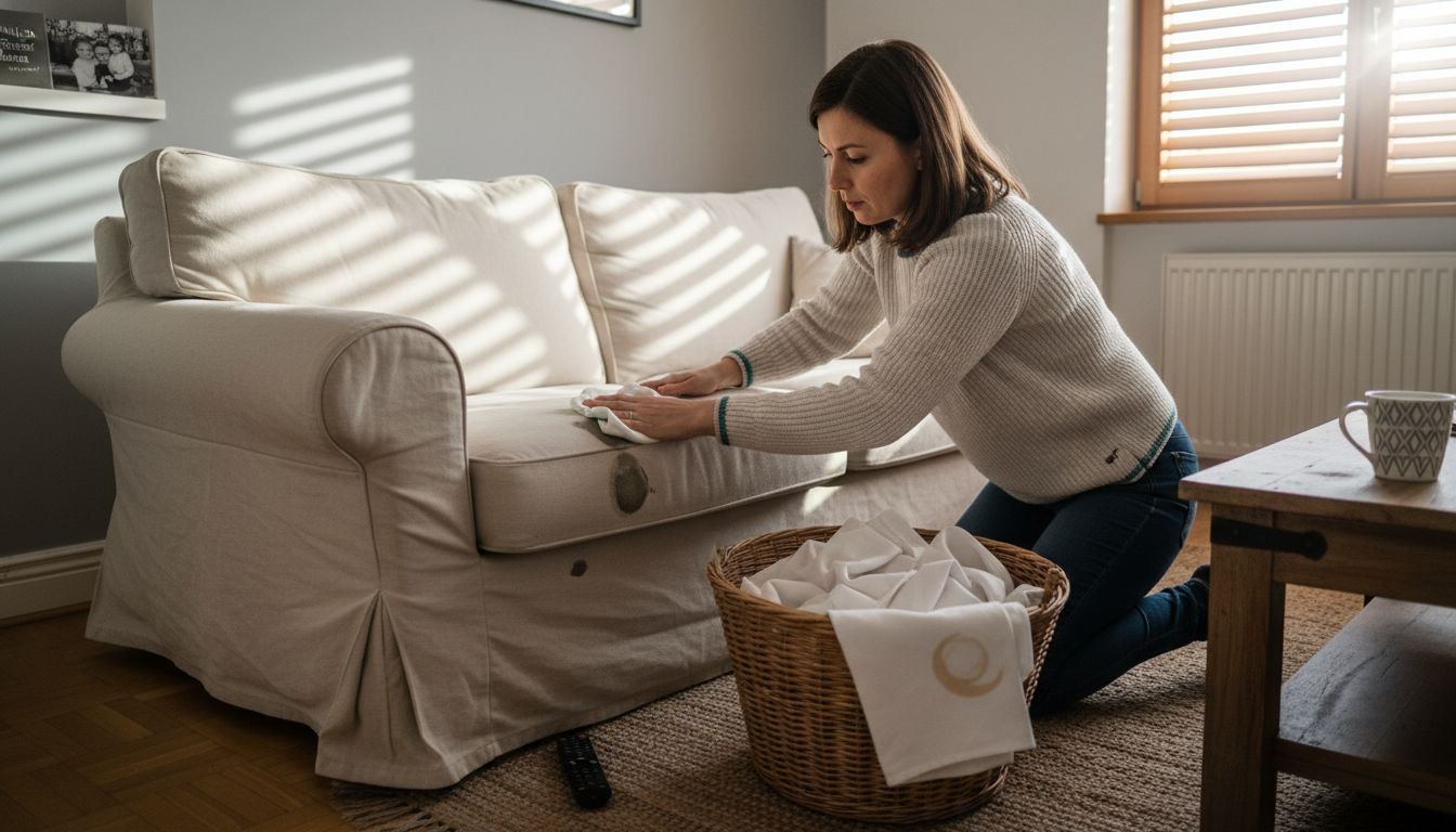 Ženska odstranjuje madež s prevleke za kavč.