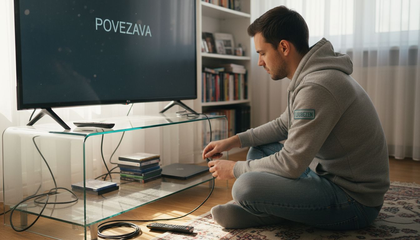 Moški v dnevni sobi priklaplja HDMI kabel na televizor.