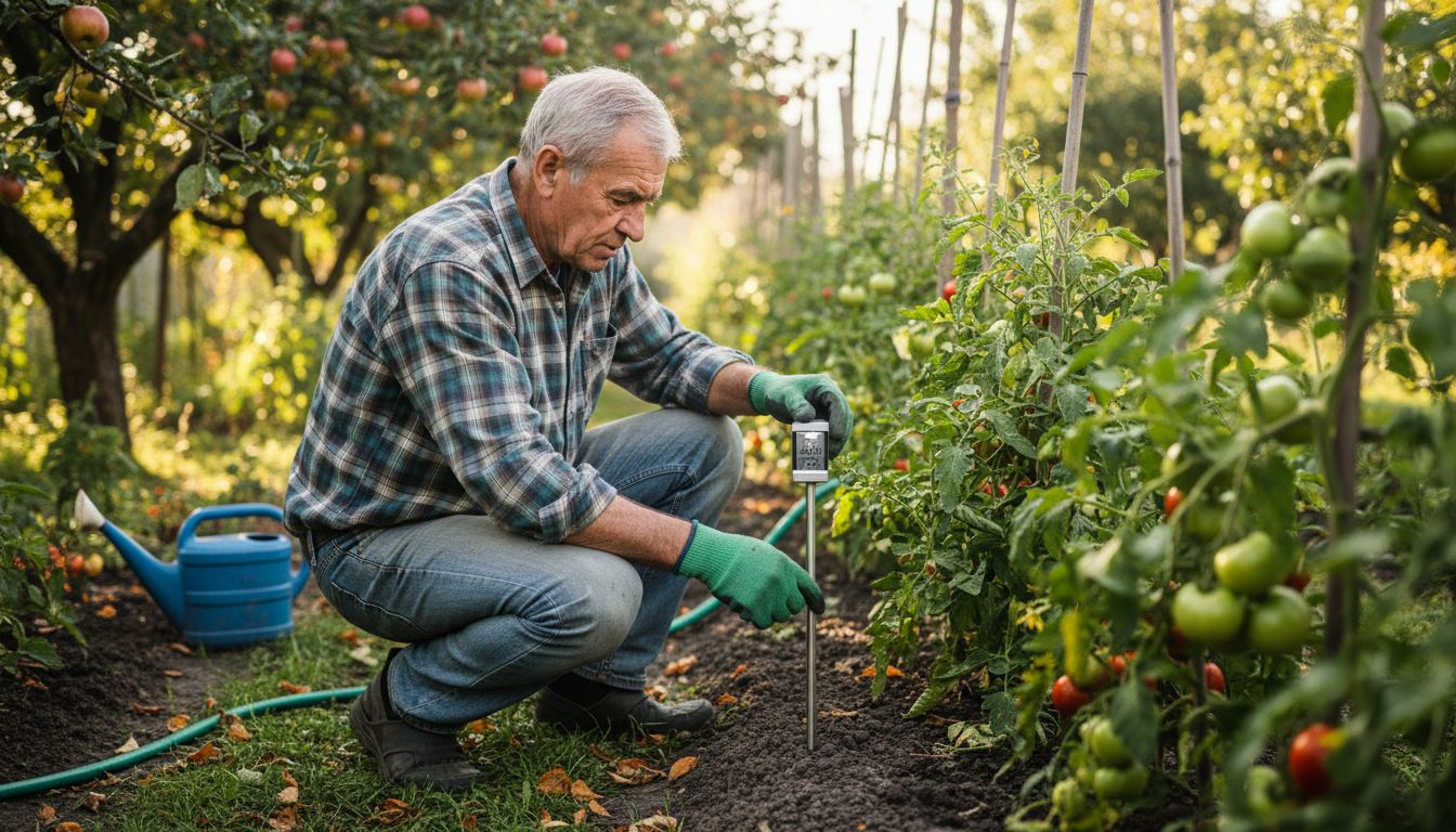 Moški si je na domačem vrtu namestil pametni senzor.