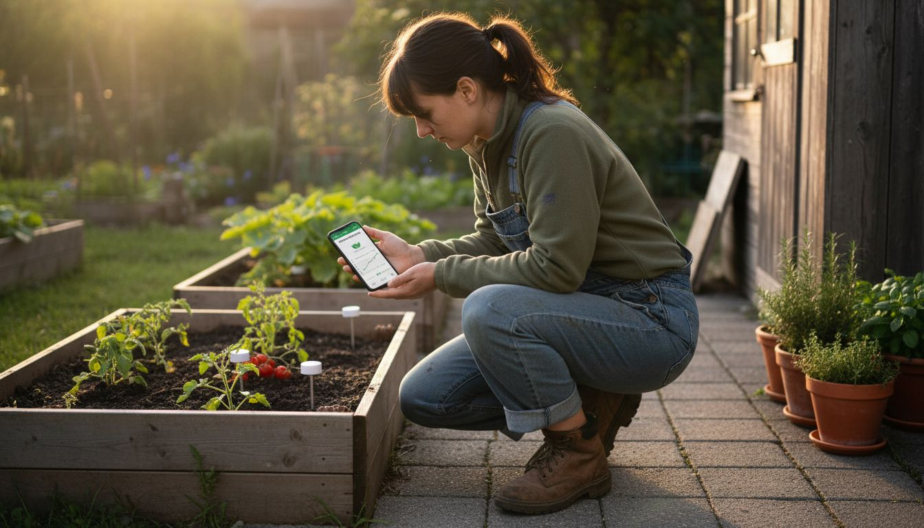 Ženska s pametnim telefonom spremlja podatke vrtnih senzorjev.