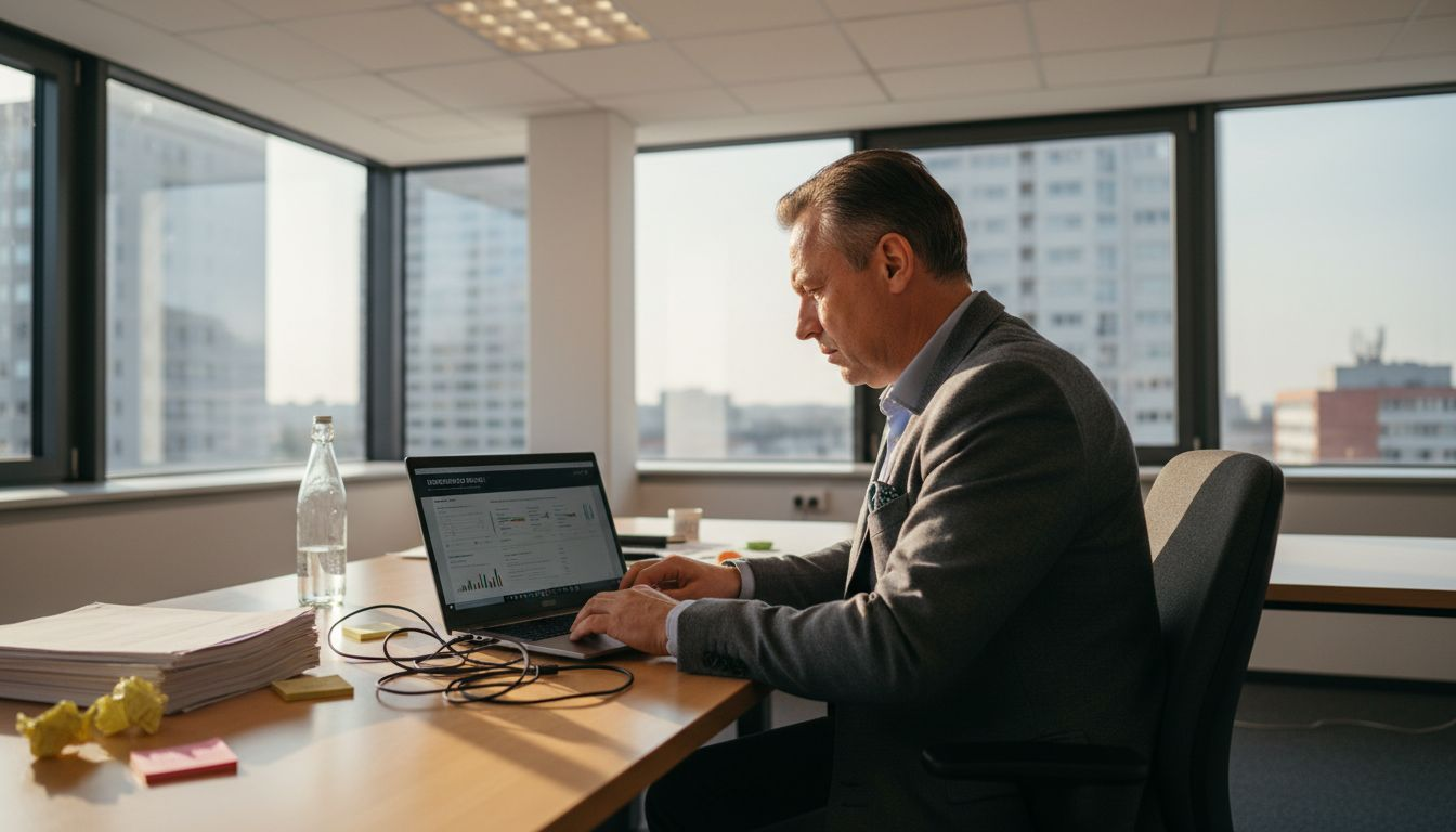 Podjetnik pregleduje stroške v prostoru, osvetljenem z LED razsvetljavo.