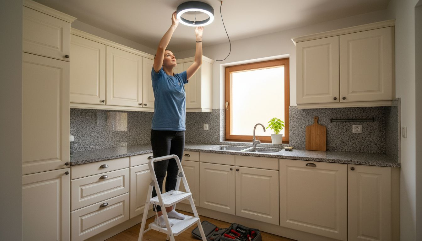 Ženska v kuhinji namešča novo LED svetilko na strop.