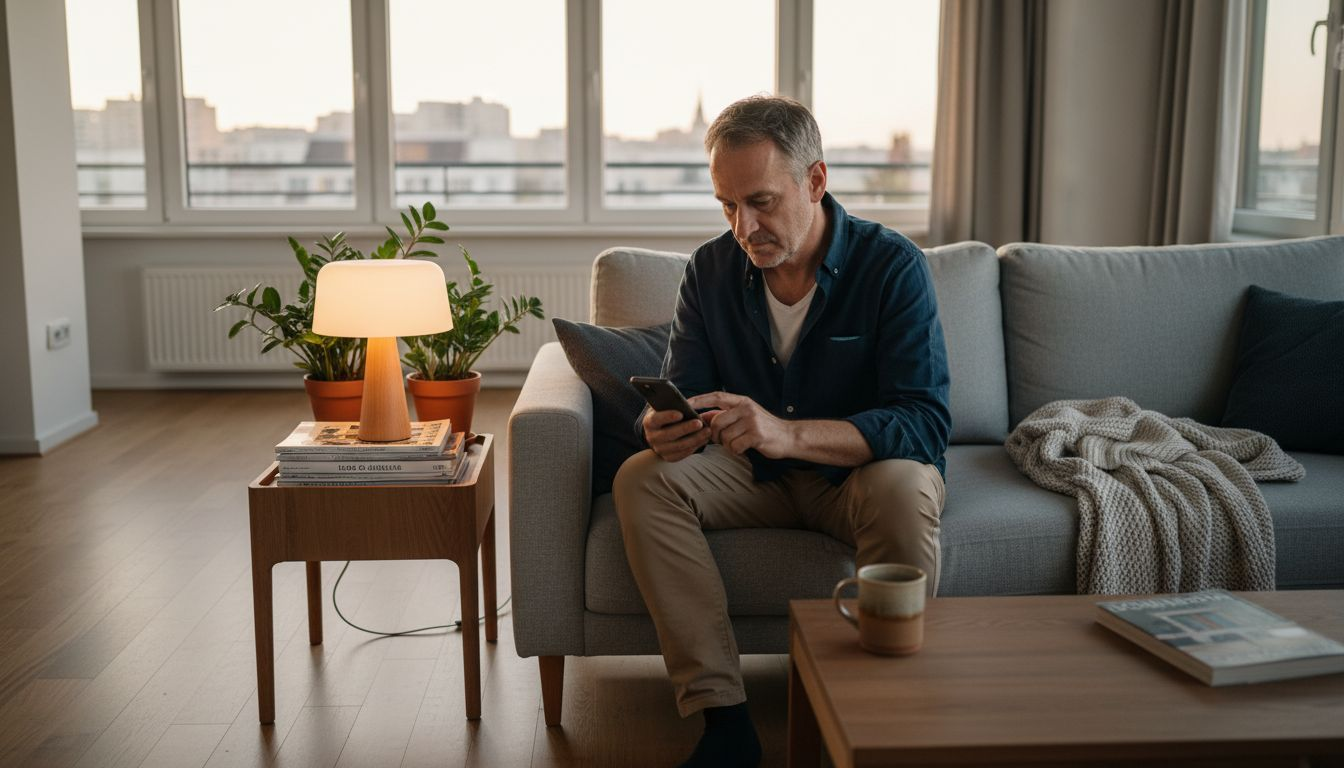 Moški v dnevni sobi nastavlja pametno svetilko.