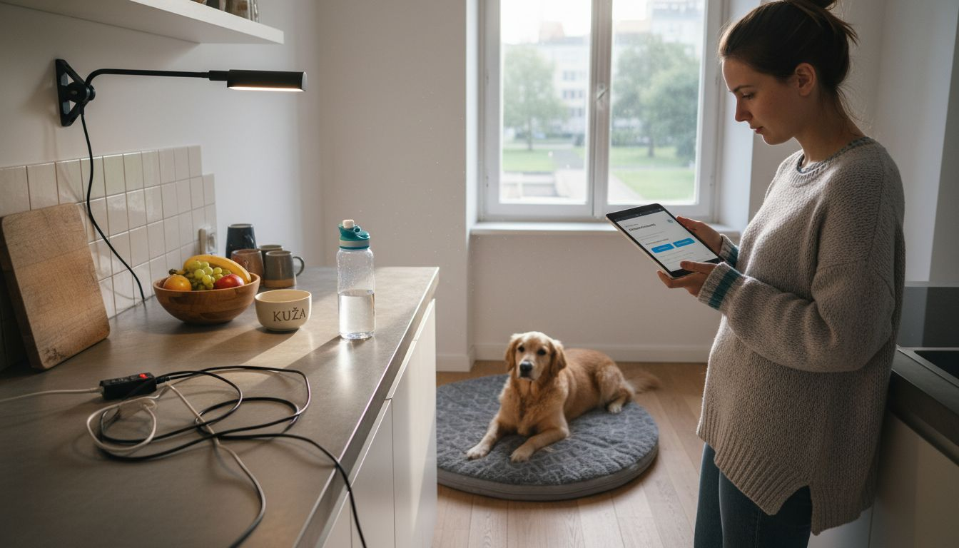 Ženska v kuhinji nastavlja pametno svetilko, da se bo samodejno prižigala.