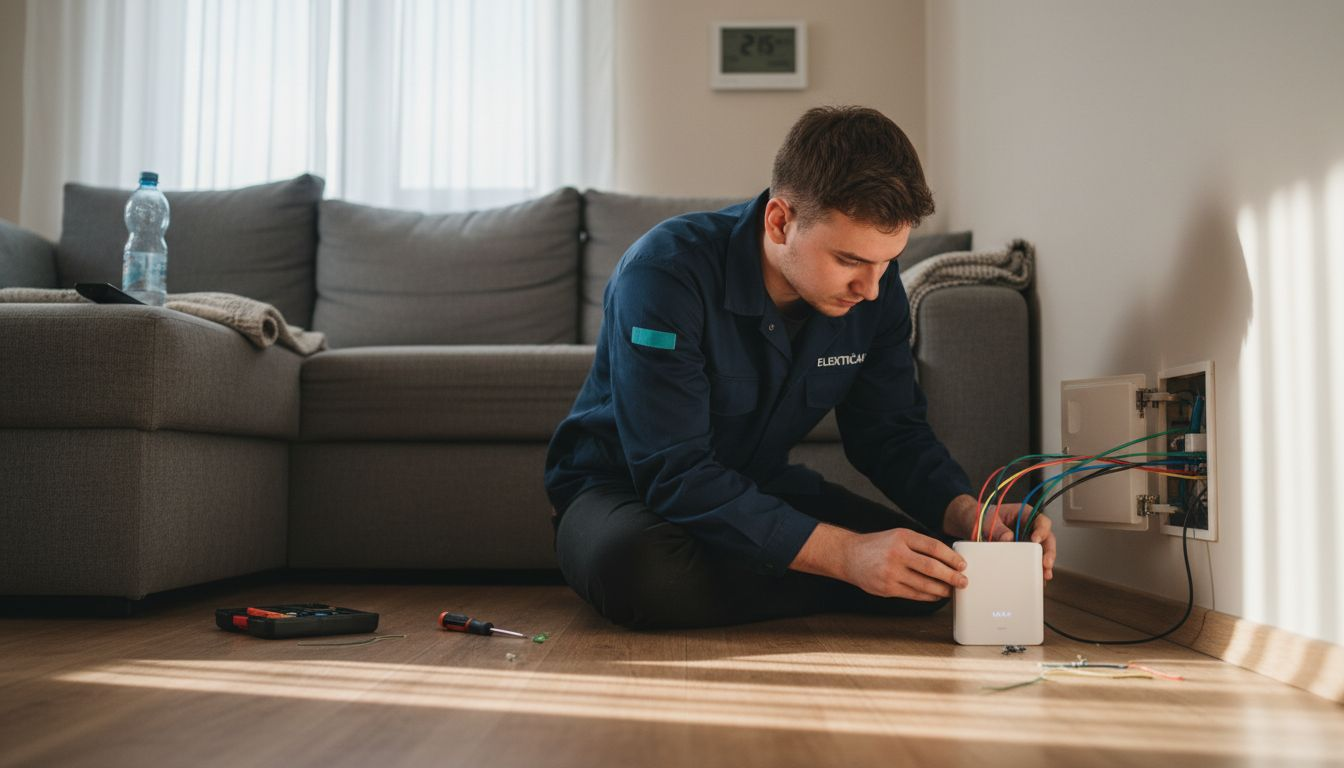 V dnevni sobi električar namešča pametne inštalacije.