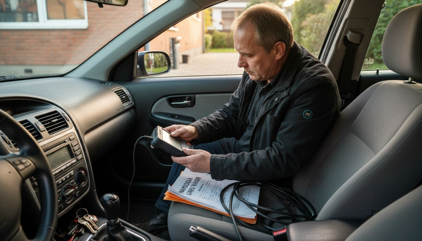 Moški priključuje OBD tester v notranjosti avtomobila.