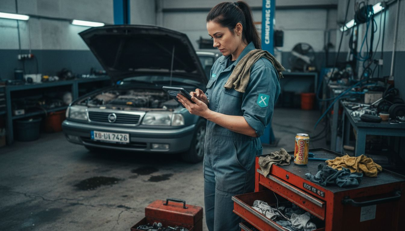 Avtomehanik stoji ob odprtem motorju avtomobila in s pomočjo diagnostične naprave preverja stanje vozila.