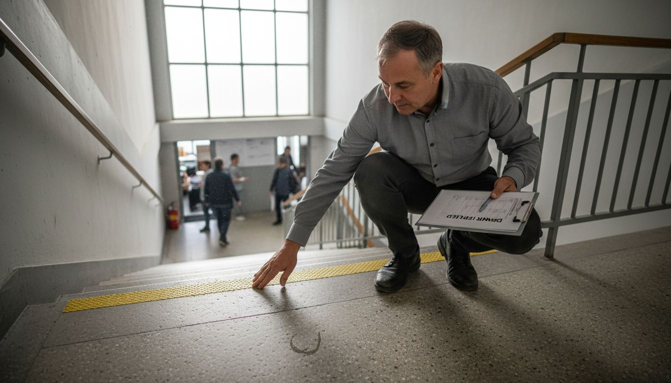 Vodja preverja protizdrsni trak na stopnicah v pisarni.