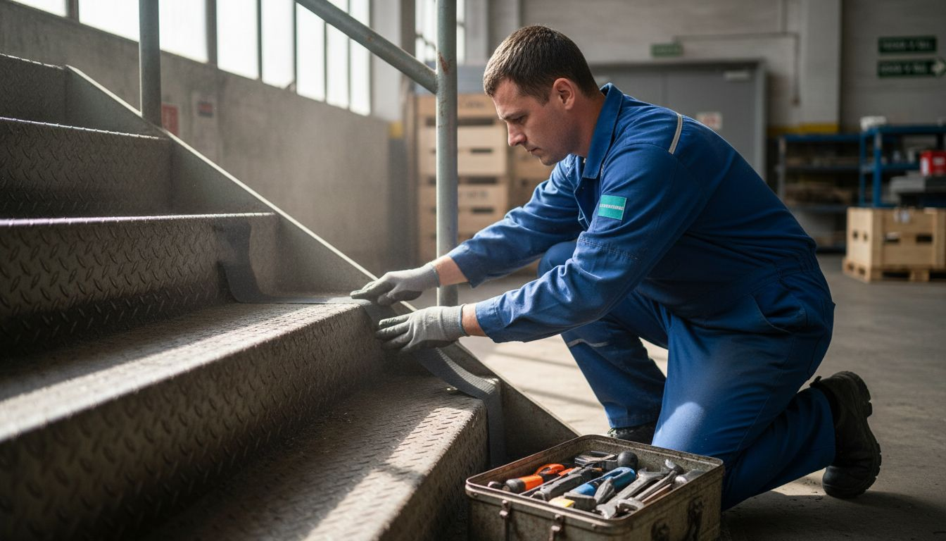 Delavec namešča protidrsno trak na kovinsko stopnišče, da bo hoja varnejša.