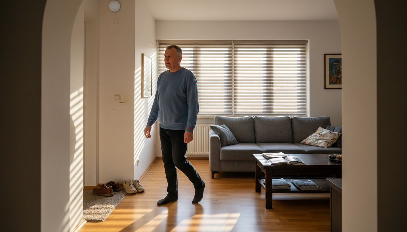 Moški je v dnevni sobi sprožil senzor gibanja.