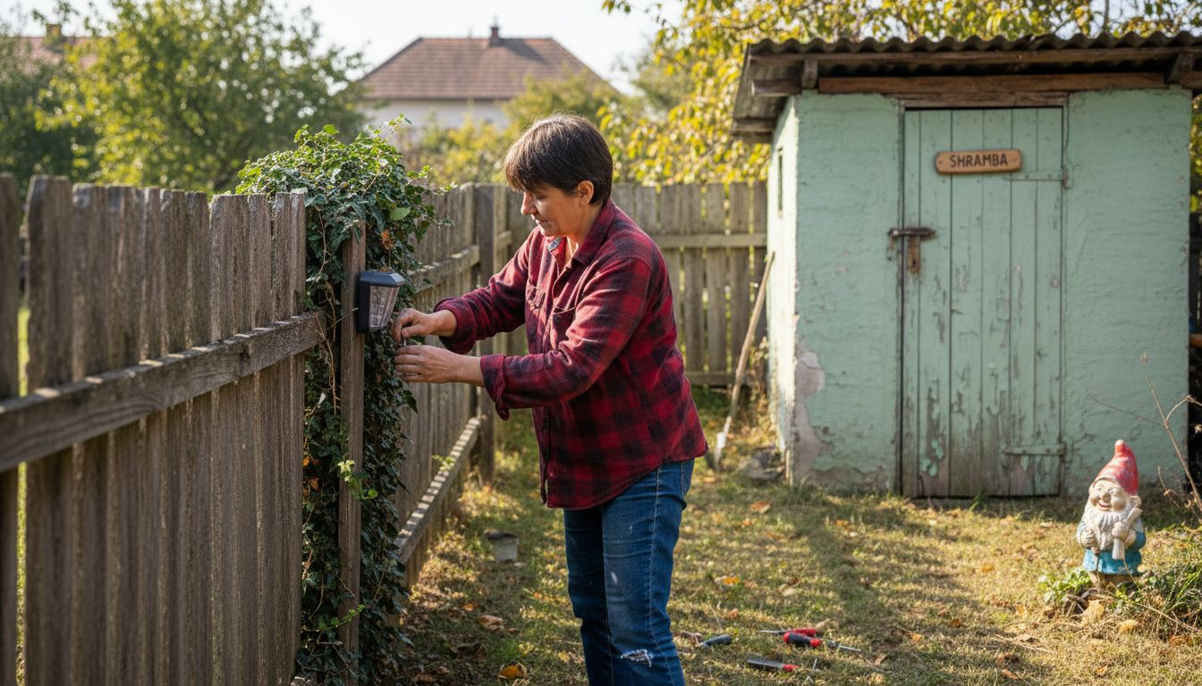 Ženska namešča solarno svetilko na ograjo na svojem vrtu.
