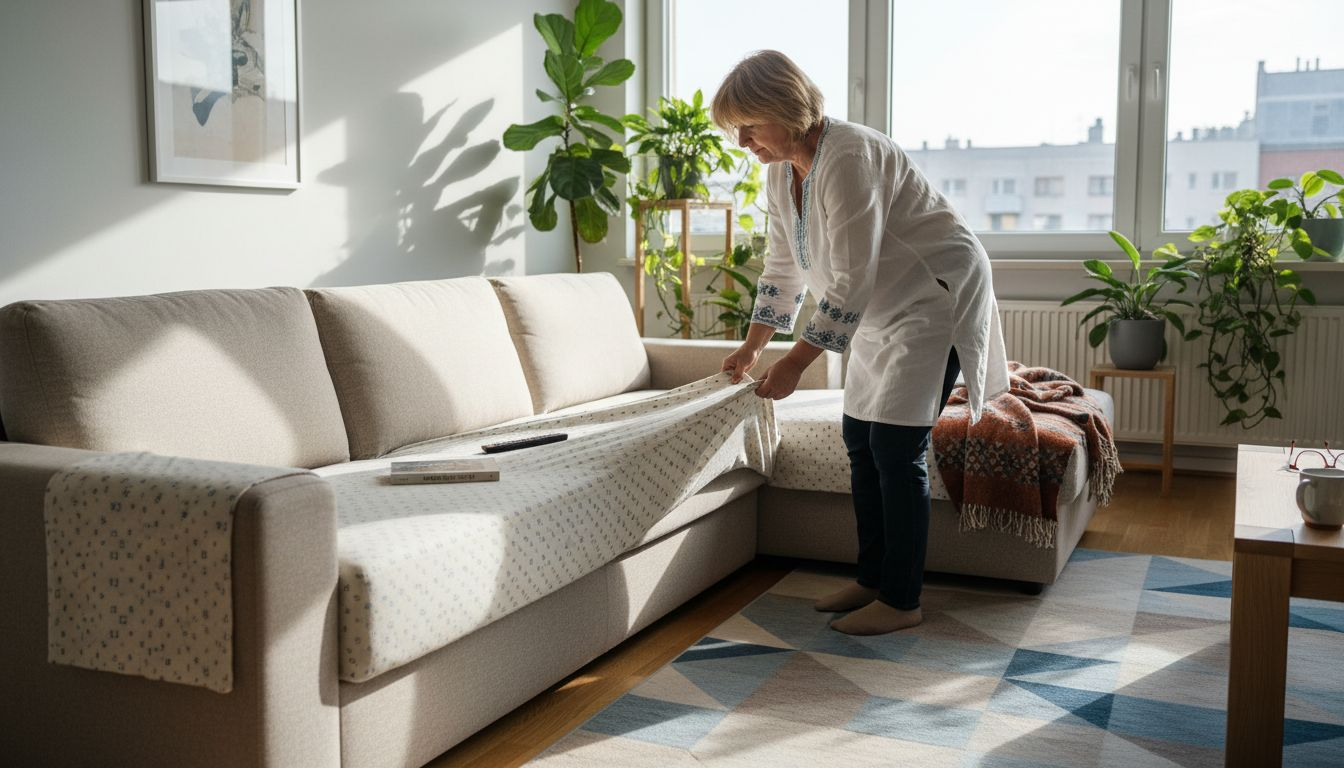 Ženska v dnevni sobi lepo poravna prevleko na kavču.