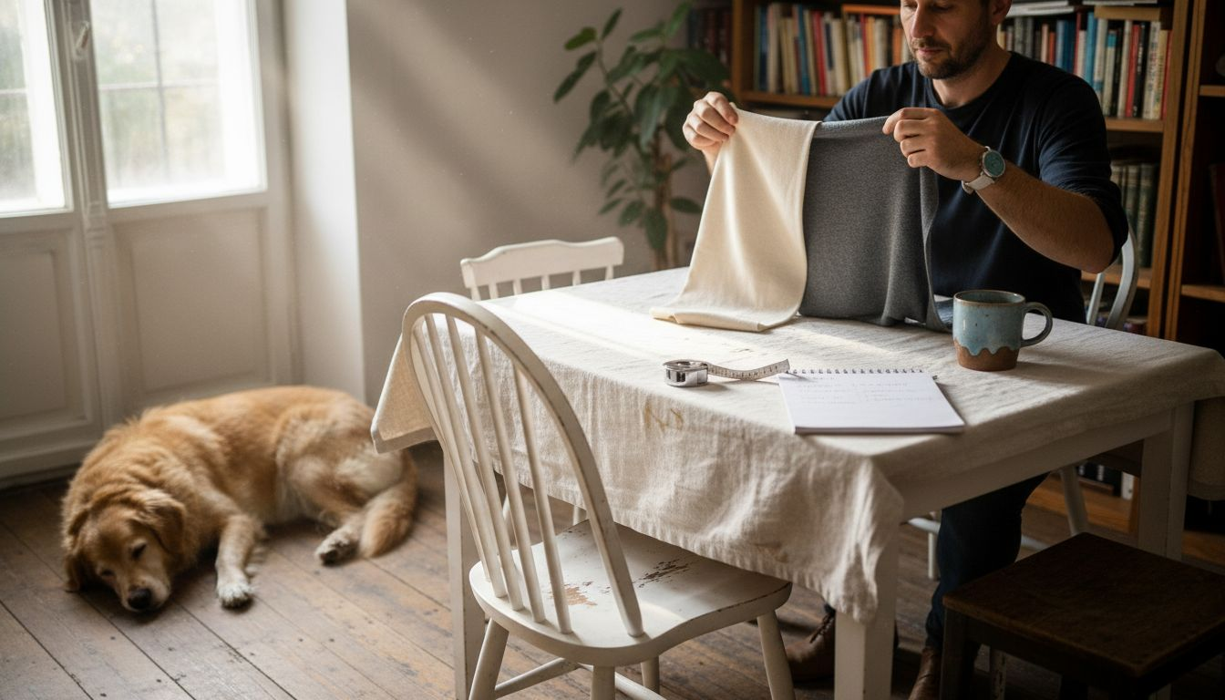 Moški izbira med različnimi materiali za prevleko kavča