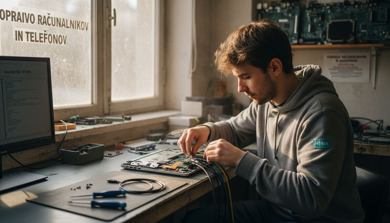 Tehnik priklaplja različne vrste USB priključkov na prenosnik.