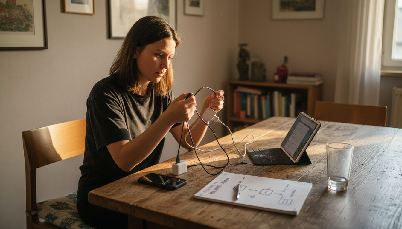 Ženska ob kuhinjski mizi pregleduje in primerja različne USB kable.