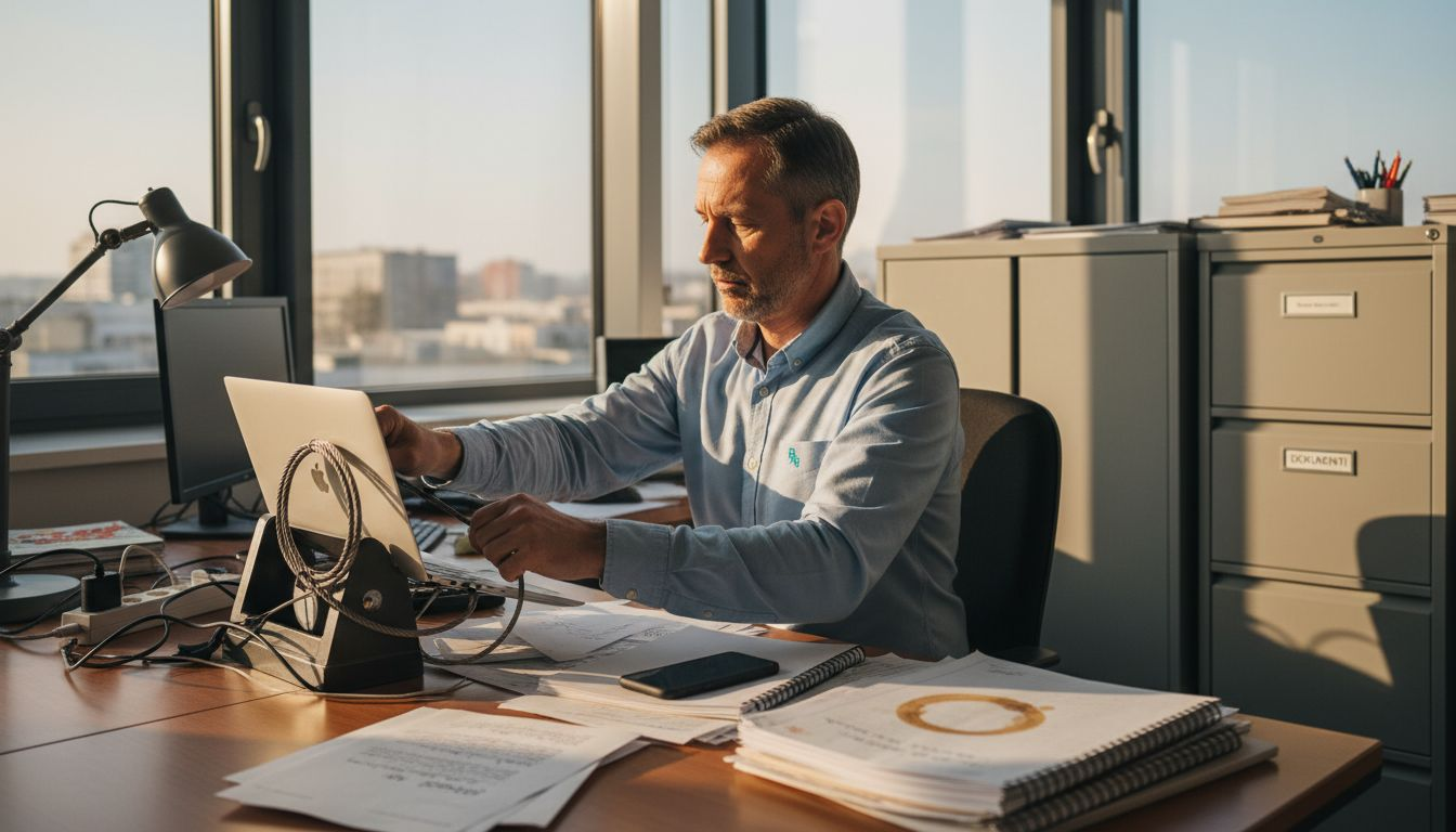 Moški v pisarni skrbi za varnost svojega prenosnika.