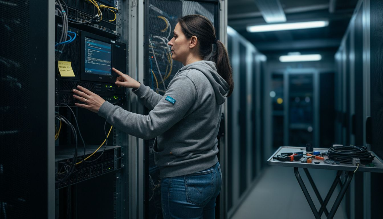 Strokovnjak za informatiko preverja strojno opremo požarnega zidu na strežniku.