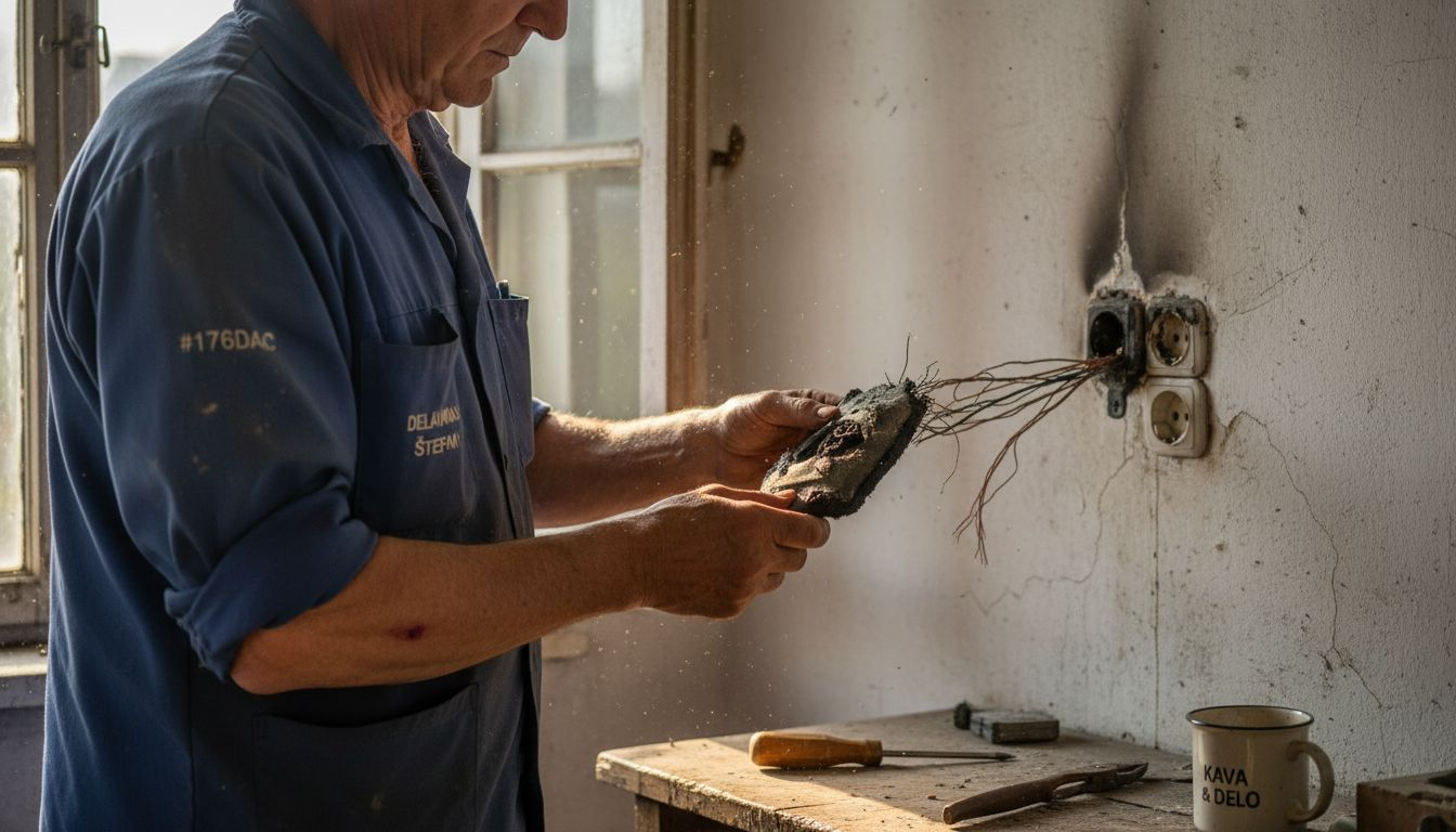 Moški pregleduje poškodovano električno vtičnico zaradi nevarnosti požara.