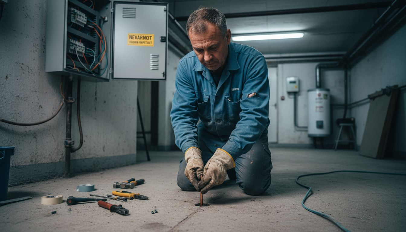 Električar v kleti priklaplja ozemljitveni vodnik.