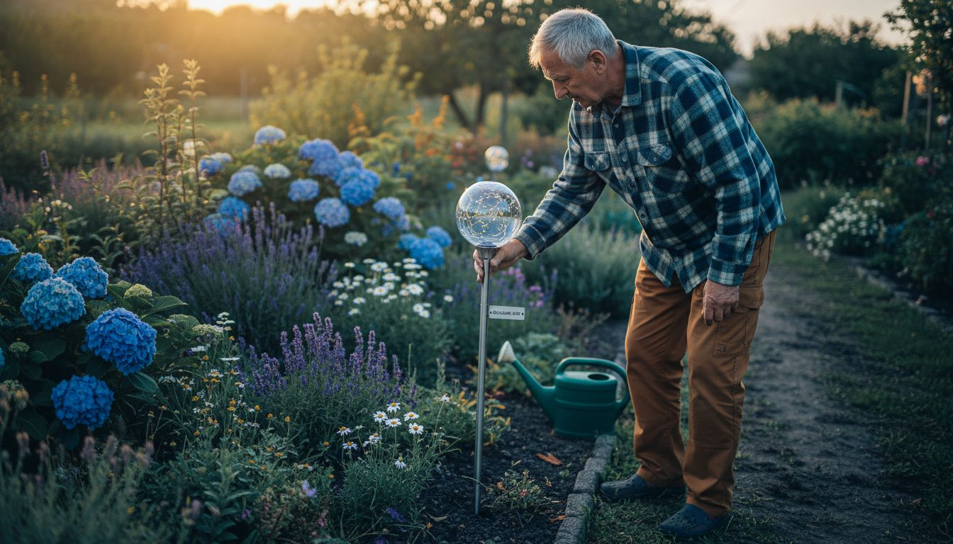 Moški postavlja okrasno solarno lučko med cvetlice na vrtu.