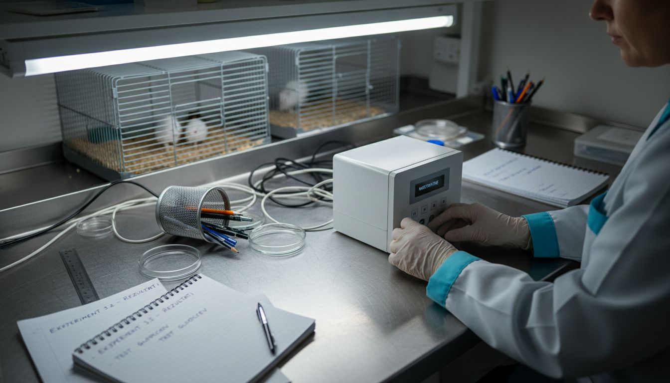 Tehnik v laboratoriju nastavlja ultrazvočno napravo v bližini poskusnih miši.