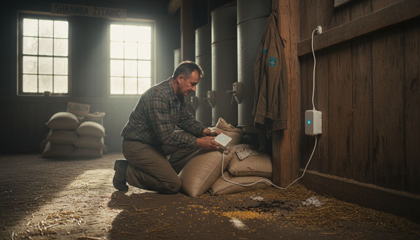 Kmet namešča ultrazvočno napravo za odganjanje škodljivcev v hlevu.