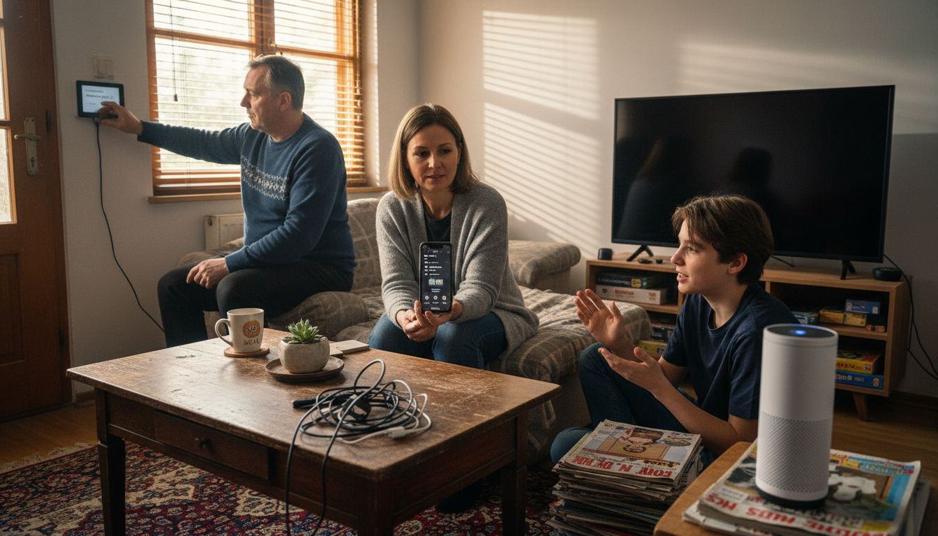 Družina skupaj upravlja pametne funkcije doma – vsak na svoj način prispeva k udobju in varnosti, bodisi s prilagajanjem osvetlitve, nastavljanjem temperature ali preverjanjem alarmov. Tehnologija jim omogoča, da se v svojem domu počutijo še bolj povezani in sproščeni.