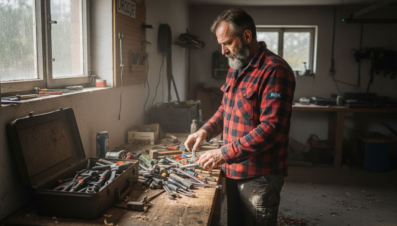 Moški v svoji delavnici pospravlja orodje, medtem ko se prebija skozi nered, ki se je nabral v garaži.