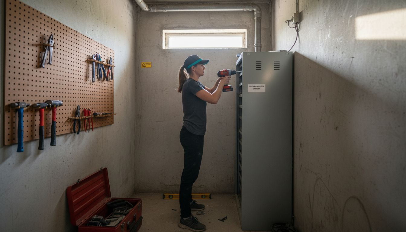 Ženska pritrjuje omarico na steno v utilitiju.