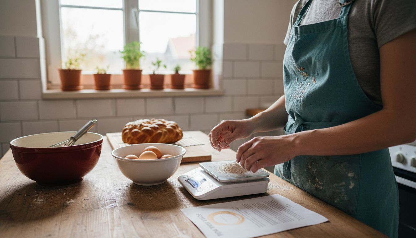 Domači kuhar natančno odmerja moko s pomočjo digitalne tehtnice.
