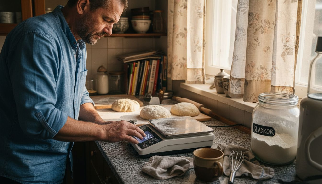 Pek pri tehtanju sestavin uporablja sodobno kuhinjsko digitalno tehtnico.