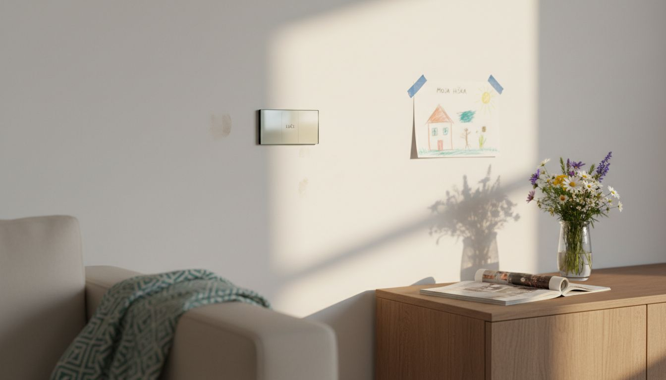 V dnevni sobi je nameščeno sodobno stekleno stikalo na dotik, ki poskrbi za eleganten in moderen videz prostora.