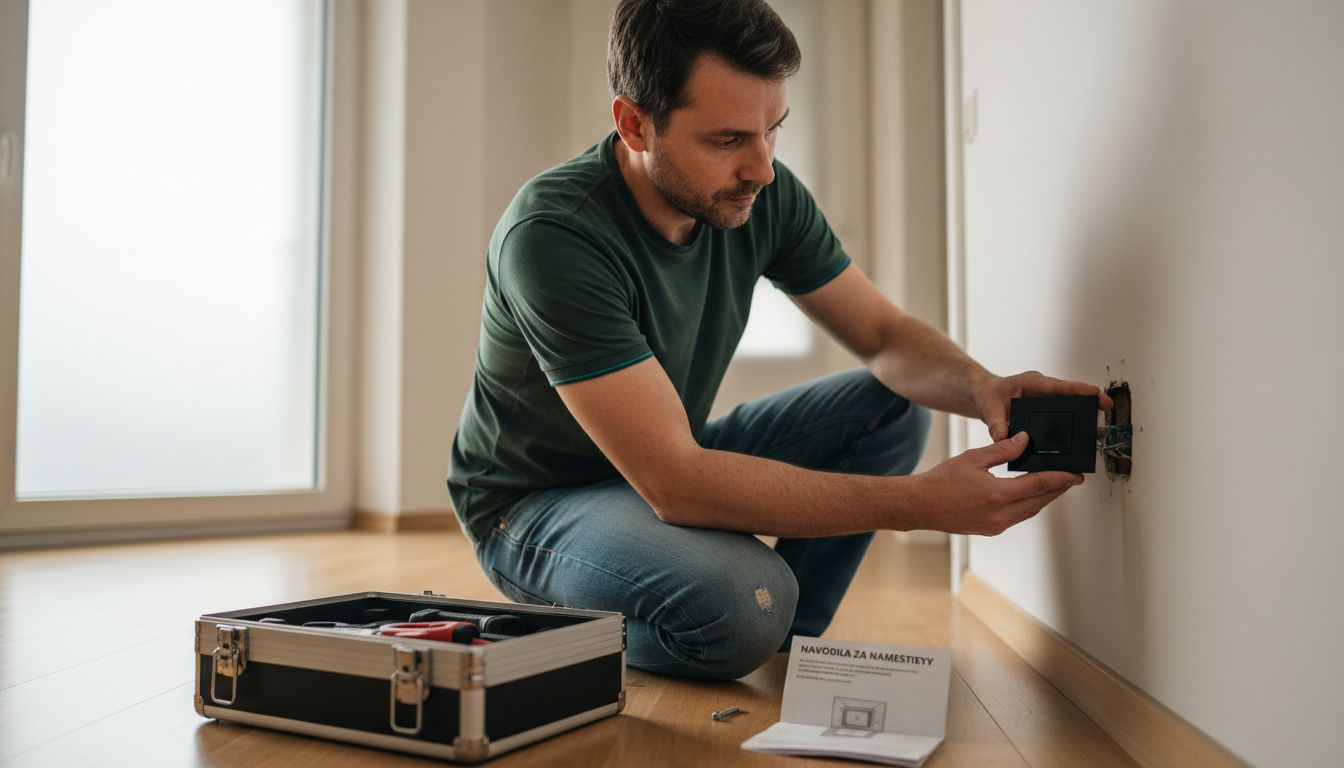 Lastnik stanovanja v hodniku namešča na dotik občutljivo stikalo.