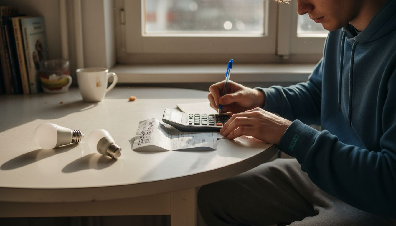 Oseba primerja stroške porabe LED žarnic in klasičnih žarnic, da izračuna, koliko lahko prihrani pri elektriki.