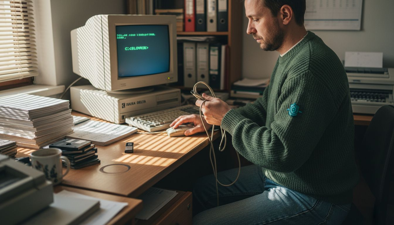 Moški v pisarni s starimi računalniki priklaplja USB kabel.