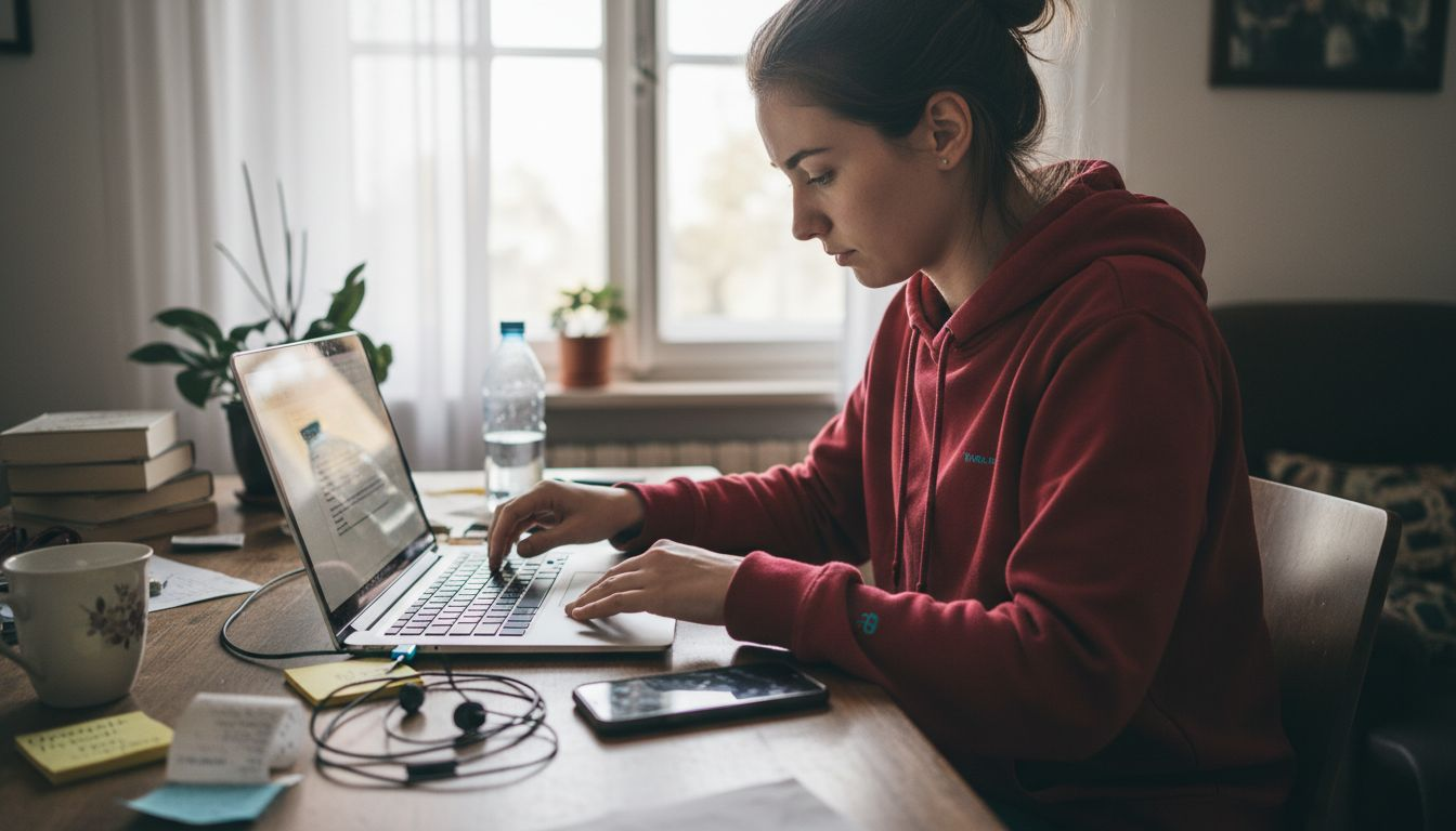 Ženska vsak dan v domači pisarni priklaplja USB-C kabel.