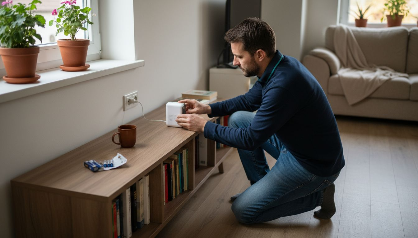 Moški v dnevni sobi namešča napravo za odganjanje škodljivcev.
